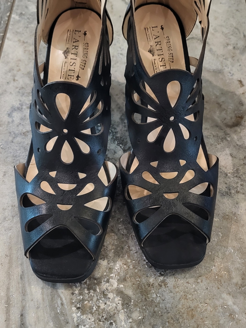 L'Artiste Butterfly Black Laser-Cut Leather Sandals